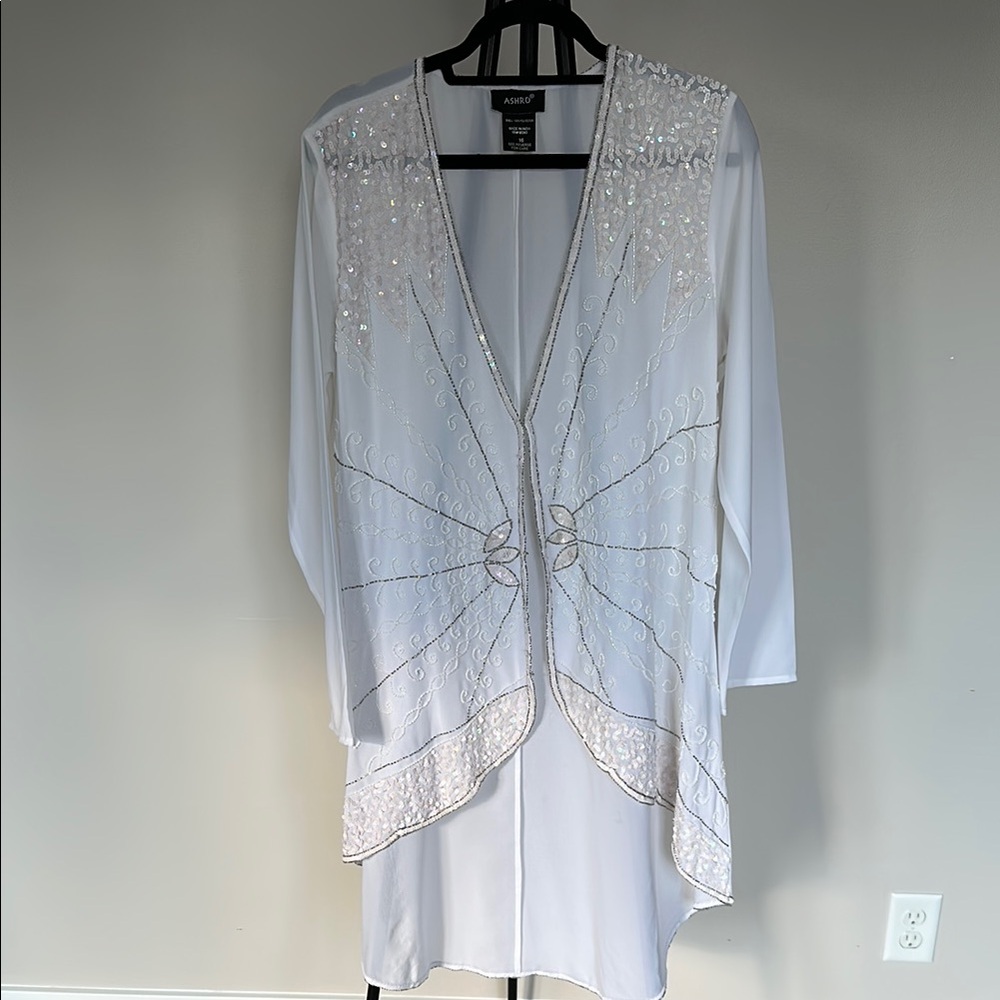 Ashro White Beaded Sheer Overlay Blouse
